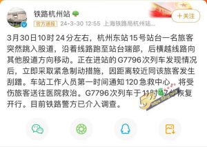 杭州东站15号站台  一名旅客不知受什么刺激 突然跳入高铁轨道与列车发生剐蹭受伤昏迷